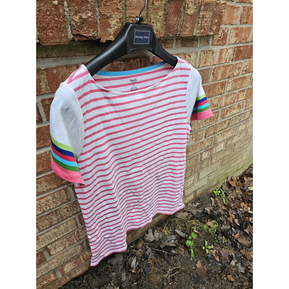 Rafaella Weekend Pink Striped Boat Neck Top Rainbow Beach Spring Summer Sz L